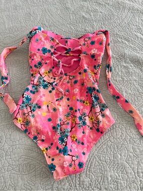 Pink Floral Lace-Up One-Piece Swimsuit